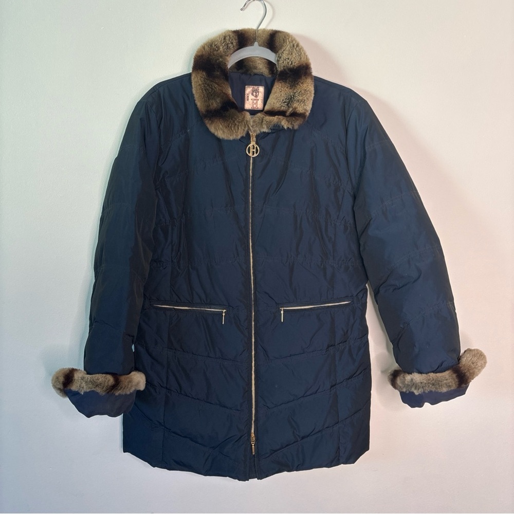 Navy Blue Faux Fur Trimmed Women's Coat